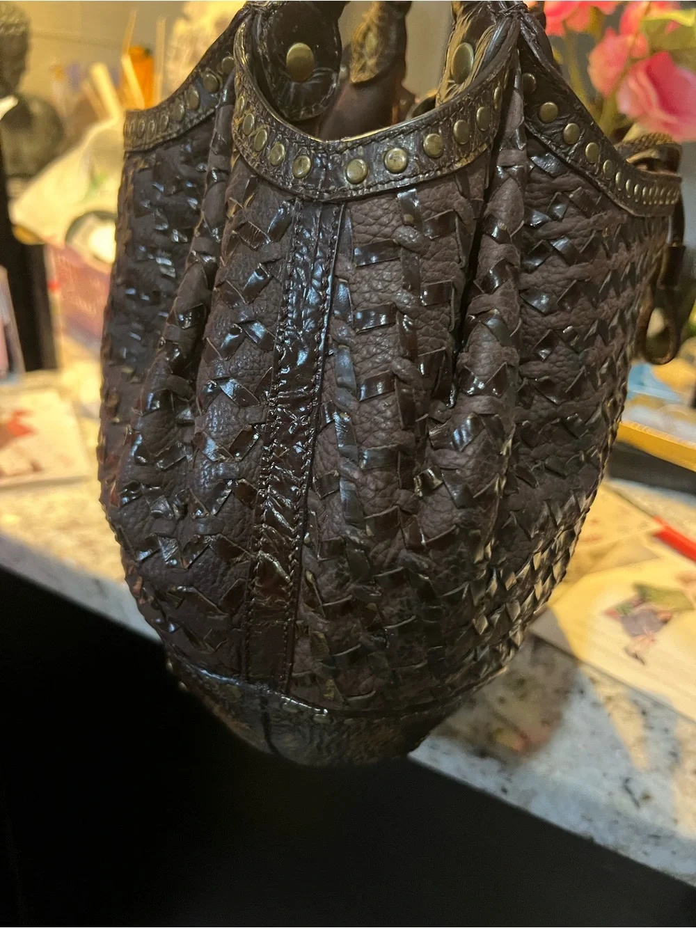 Moschino Dark Brown Woven Leather Hobo with Stud Accents